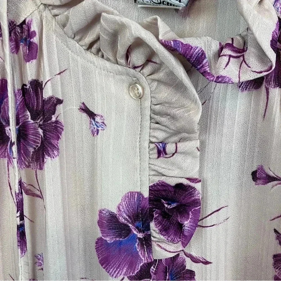 VTG Women’s 80s PL Sheer Floral Blouse Puff Sleeve Ruffle Neck Union Made - Picture 6 of 13
